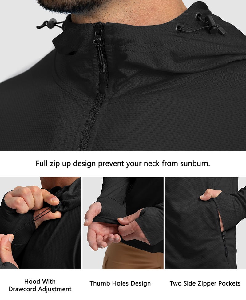 Sejuani Men's UPF 50+ Light Jacket Full Zip Sun Protection Hoodie Long Sleeve Sun Shirts for Men Hiking Fishing Zip Pockets(Black_S) - Image 5